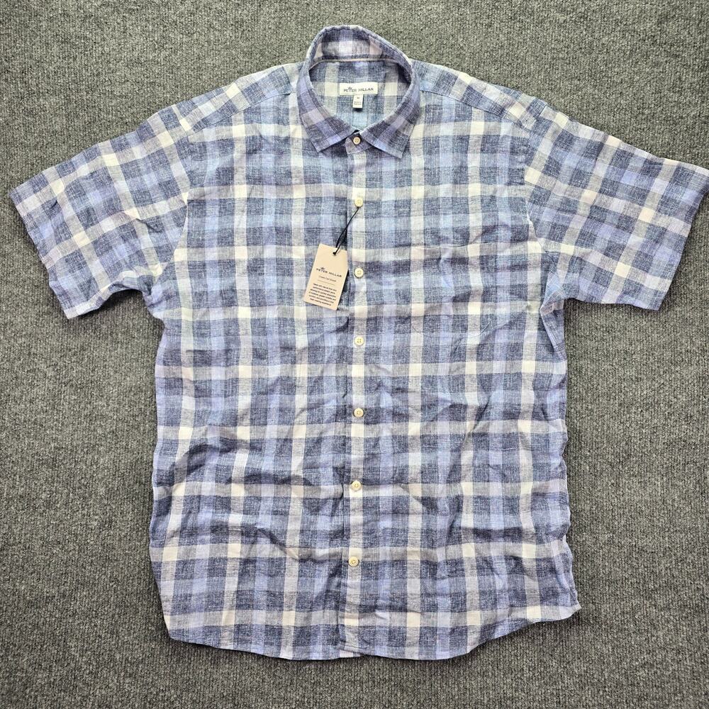 Peter Millar Shirt Mens Medium Blue Plaid Linen Blend Crown Cool Stretch Sport